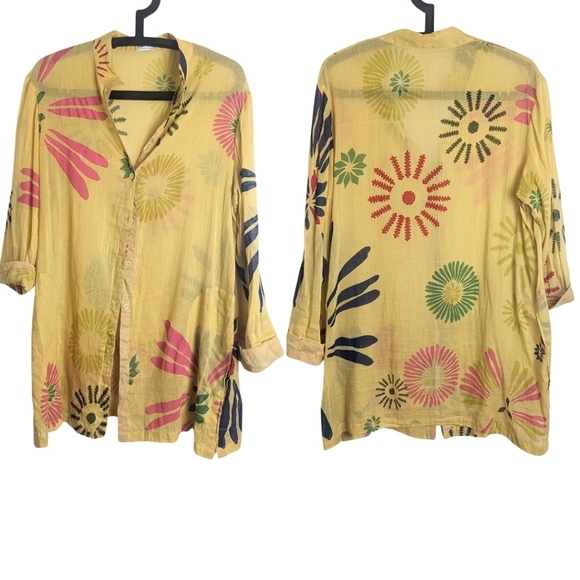 Semi Sheer Art To Wear Mustard Yellow Floral Button Down Tunic Pockets Medium - Picture 1 of 10